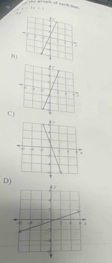 en the graph of each line.
y=3x+1
A ) 
B) 
C) 
D)