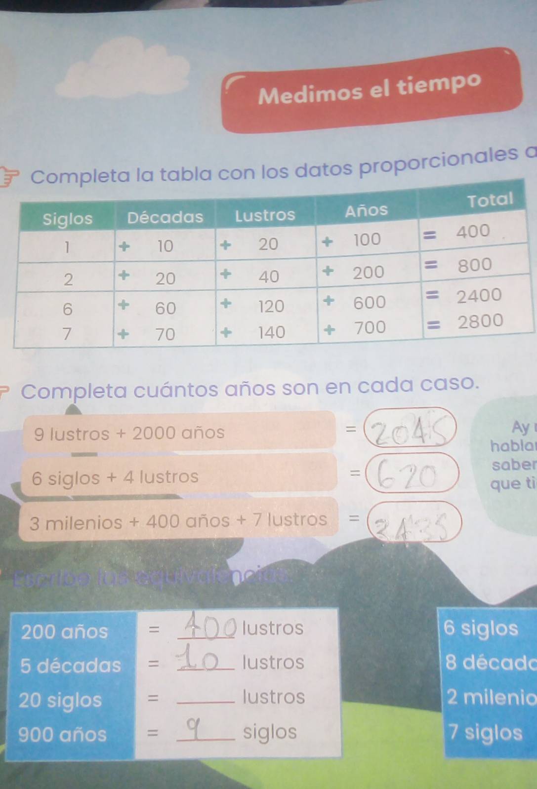 Medimos el tiempo 
n los datos proporcionales a 
Completa cuántos años son en cada caso.
9 lustros + 2000 años =
Ay 
habla
6 siglos + 4 lustros =
saber 
que ti
3 milenios + 400 años + 7 lustros =
200 años = _lustros 6 siglos
5 décadas= _lustros 8 décado
20 siglos =_ 
lustros 2 milenio
900 años = _siglos 7 siglos