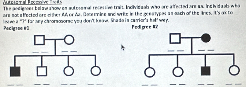 Autosomal Recessive Traits 
The pedigrees below show an autosomal recessive trait. Individuals who are affected are aa. Individuals who 
are not affected are either AA or Aa. Determine and write in the genotypes on each of the lines. It’s ok to 
leave a “?” for any chromosome you don’t know. Shade in carrier’s half way. 
Pedigree #1 Pedigree #2 
_ 
__ 
__ 
_ 
_ 
_ 
__