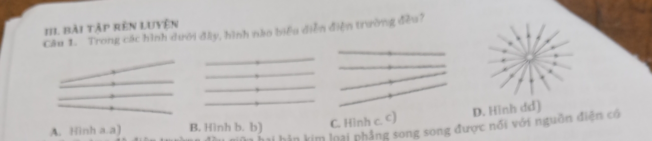 Bài tập Rên LUyện
Câu 1. Trong các hình dưới đây, hình nào biểu diễn điện trường đều?
C. Hinh c. c) D. Hình đd)
i hản kim loại phẳng song song được nổi với nguồn điện có
A. Hình a.a) B. Hình b. b)