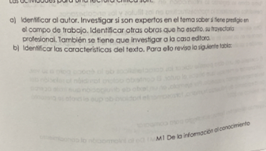 Identificar al autor. Investigar si son expertos en el tema saber si tiene presfigia en 
el campo de trabajo. Identificar otras obras que ha escrito, su trayectoria 
profesional. También se tiene que investigar a la casa editora. 
b) Identificar las características del texto. Para ello revisa la sigulente tabla: 
nación al conocimiento