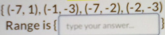  (-7,1),(-1,-3),(-7,-2),(-2,-3)
Range is  type your answer...