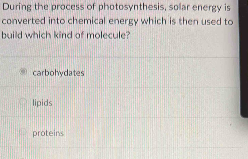 During the process of photosynthesis, solar energy is
converted into chemical energy which is then used to
build which kind of molecule?
carbohydates
lipids
proteins