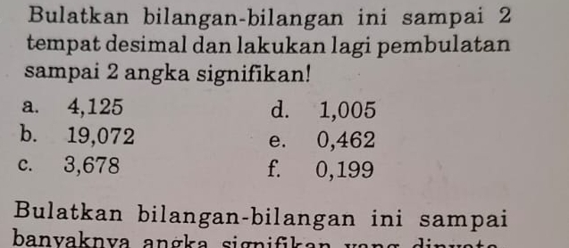 Bulatkan bilangan-bilangan ini sampai 2 
tempat desimal dan lakukan lagi pembulatan 
sampai 2 angka signifikan! 
a. 4,125 d. 1,005
b. 19,072 e. 0,462
c. 3,678 f. 0,199
Bulatkan bilangan-bilangan ini sampai 
banvaknva anka signifika