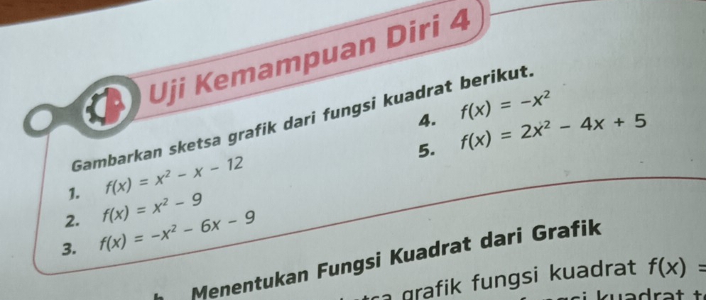 Uji Kemampuan Diri 4 
4. f(x)=-x^2
Gambarkan sketsa grafik dari fungsi kuadrat berikut. 
5. f(x)=2x^2-4x+5
1. f(x)=x^2-x-12
2. f(x)=x^2-9
3. f(x)=-x^2-6x-9
Menentukan Fungsi Kuadrat dari Grafik 
a rafik fungsi kuadrat f(x)=
kuadrat t