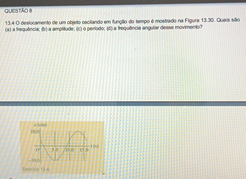 13.4 O deslocamento de um objeto oscilando em função do tempo é mostrado na Figura 13.30. Quais são
(a) a frequência; (b) a amplitude; (c) o período; (d) a frequência angular desse movimento?
Exercícia 13.4.