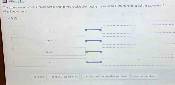 ← Listen
The expression represents the amount of change you receive after buying n sandwiches. Match each part of the expression to
what it represents.
10-5.25n
10
5.25n
5.25
n
total cost number of sandwiches the amount of money that you have price per sandwich