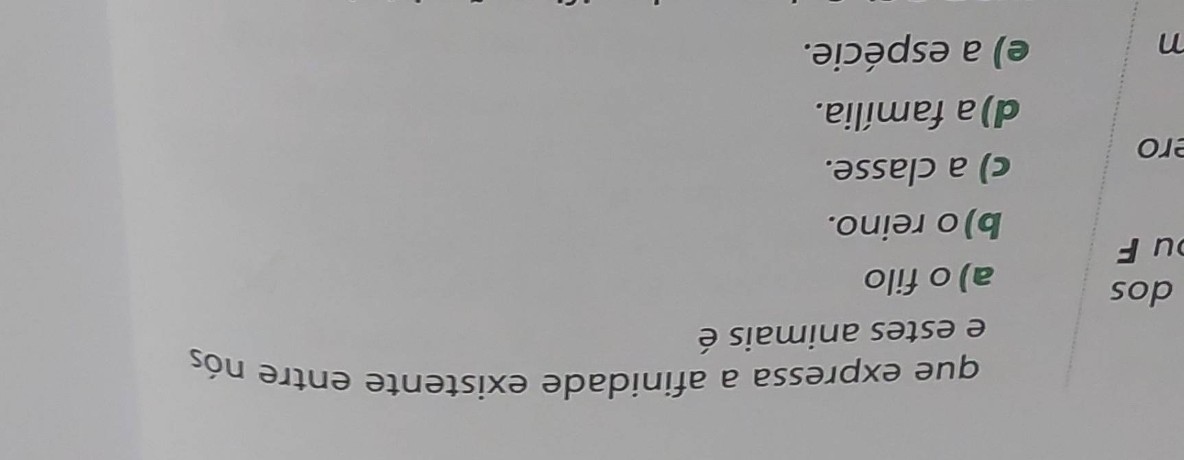 que expressa a afinidade existente entre nós
e estes animais é
dos
a) o filo
uF
b)o reino.
ro
c) a classe.
d) a família.
n
e) a espécie.