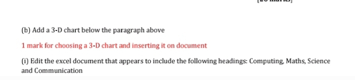 Add a 3-D chart below the paragraph above 
1 mark for choosing a 3-D chart and inserting it on document 
(i) Edit the excel document that appears to include the following headings: Computing, Maths, Science 
and Communication