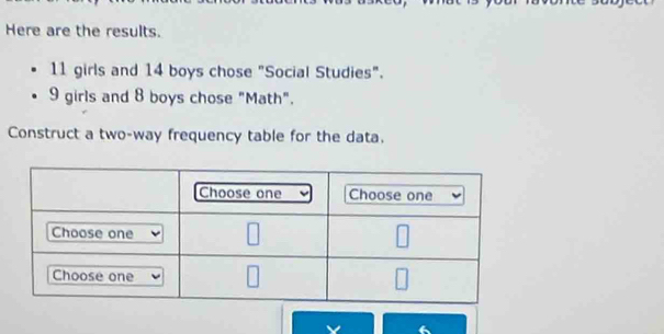 Here are the results.
11 girls and 14 boys chose "Social Studies".
9 girls and 8 boys chose "Math". 
Construct a two-way frequency table for the data.