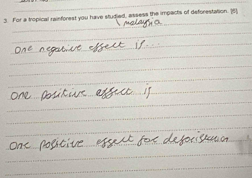 For a tropical rainforest you have studied, assess the impacts of deforestation. [6]