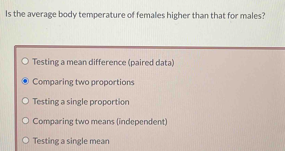 Is the average body temperature of females higher than that for males?
Testing a mean difference (paired data)
Comparing two proportions
Testing a single proportion
Comparing two means (independent)
Testing a single mean