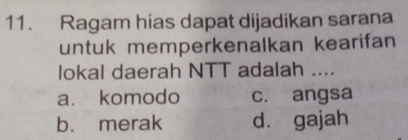 Ragam hias dapat dijadikan sarana
untuk memperkenalkan kearifan
lokal daerah NTT adalah ....
a. komodo c. angsa
b. merak d. gajah