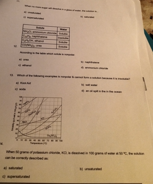 When no more sugar will dissolve in a glass of water, the solution is...
a) unsaturated
c) supersaturated b) saturaled
12
According to the table which solute is nonpolar.
a) urea b) naphthalene
c) ethanol d) ammonium chloride
13. Which of the following examples is norpolar & cannot form a solution because it is insoluble?
a) Kool Aid b) salt water
c) soda d) an oil spill in the in the ocean
100
80
70
60  o 8° _ P'P_10,
:
KC
40
N=Cl
20
20
10
Ce,(SO_2),
10 20 30 40 50 60 70 80 90
14. Temperature (''C) 100
When 50 grams of potassium chloride, KCI, is dissolved in 100 grams of water at 50°C , the solution
can be correctly described as:
a) saturated b) unsaturated
c) supersaturated