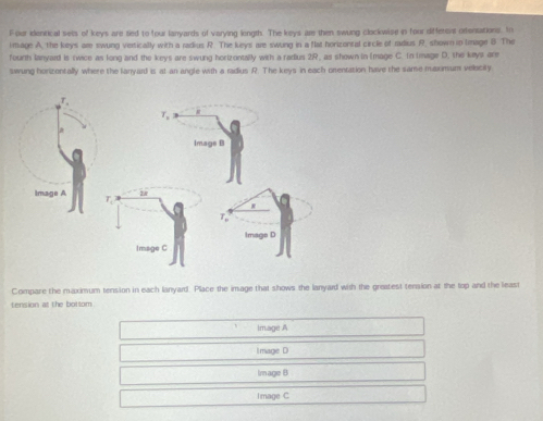 Four identical sels of keys are sed to four lanyards of varying longth. The keys are then swung clockwise in foor differess otentations. In
image A, the keys are swung vertically with a radius R. The keys are swung in a flat horizontal circle of radius A. shown in timage B. The
fourth lanyard is (wice as long and the keys are swung horizontally with a radius 2R, as shown in (mage C. In Image D. the keys are
swung honizentally where the lanyard is at an angle with a radius R. The keys in each onentation have the same maximum velacity
Compare the maximum tension in each lanyard. Place the image that shows the lanyard with the greatest tension at the top and the least
tension at the bottom
Image A
Image D
Image B
Image C