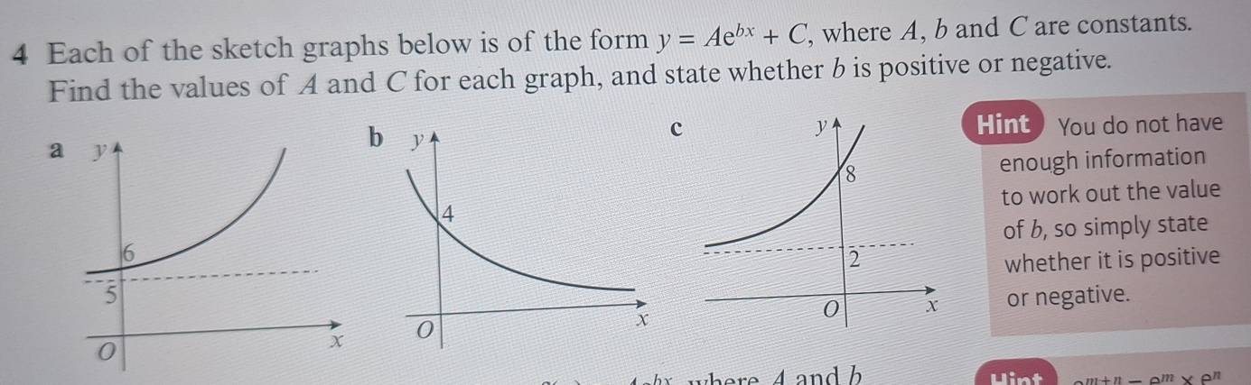 Each of the sketch graphs below is of the form y=Ae^(bx)+C , where A, b and C are constants. 
Find the values of A and C for each graph, and state whether b is positive or negative.
c
Hint You do not have 
enough information 
to work out the value 
of b, so simply state 
whether it is positive 
or negative. 
Uint a+n