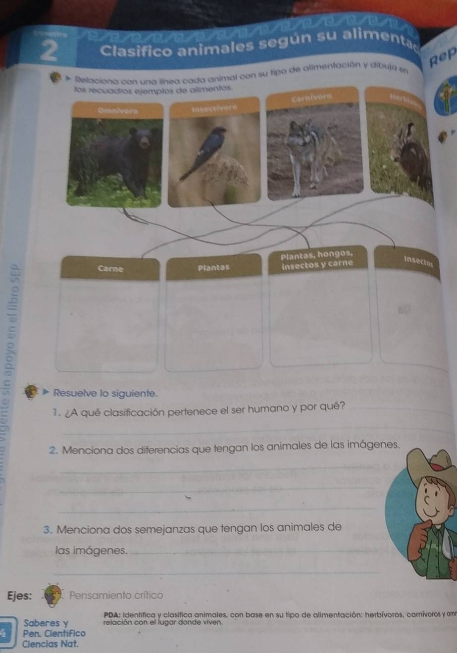 Clasifico animales según su alimenta 
Rep 
* Relacióna con una línea cada animal con su tipo de alimentación y díbuja en 
los recuadros ejemplos de alimentos. 
Carnivero 
Hert 
Omnivoro Insectivnre 
Plantas, hongos, 
Insectos 
> 
Carne Plantas insectos y carne 
Resuelve lo siguiente. 
1. ¿A qué clasificación pertenece el ser humano y por qué?_ 
_ 
2. Menciona dos diferencias que tengan los animales de las imáge 
_ 
_ 
_ 
3. Menciona dos semejanzas que tengan los animales de 
las imágenes. 
_ 
_ 
Ejes: Pensamiento crítico 
PDA: Identifica y clasifica animales, con base en su tipo de alimentación: herbívoros, carnívoros y om 
Saberes y relación con el lugar donde viven. 
Pen. Cientifico 
Ciencias Nat.