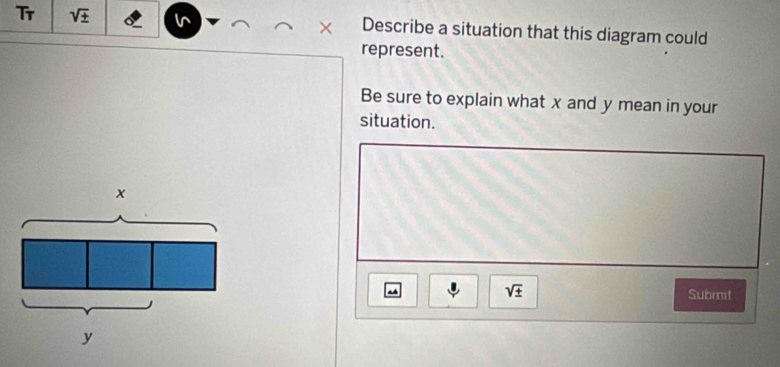 Tr sqrt(± ) Describe a situation that this diagram could 
represent. 
Be sure to explain what x and y mean in your 
situation.
sqrt(± ) Subrit