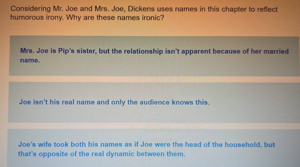 Solved: Considering Mr. Joe and Mrs. Joe, Dickens uses names in this ...