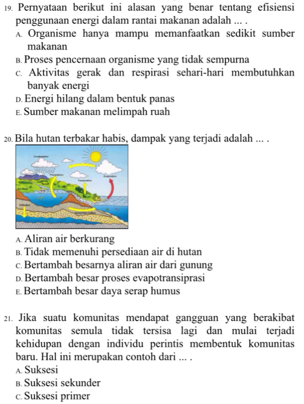 Pernyataan berikut ini alasan yang benar tentang efisiensi
penggunaan energi dalam rantai makanan adalah ... .
A. Organisme hanya mampu memanfaatkan sedikit sumber
makanan
B. Proses pencernaan organisme yang tidak sempurna
c. Aktivitas gerak dan respirasi sehari-hari membutuhkan
banyak energi
D. Energi hilang dalam bentuk panas
E. Sumber makanan melimpah ruah
20 Bila hutan terbakar habis, dampak yang terjadi adalah ... .
A. Aliran air berkurang
B. Tidak memenuhi persediaan air di hutan
c. Bertambah besarnya aliran air dari gunung
D. Bertambah besar proses evapotransiprasi
E Bertambah besar daya serap humus
21. Jika suatu komunitas mendapat gangguan yang berakibat
komunitas semula tidak tersisa lagi dan mulai terjadi
kehidupan dengan individu perintis membentuk komunitas
baru. Hal ini merupakan contoh dari ... .
A. Suksesi
B. Suksesi sekunder
c. Suksesi primer