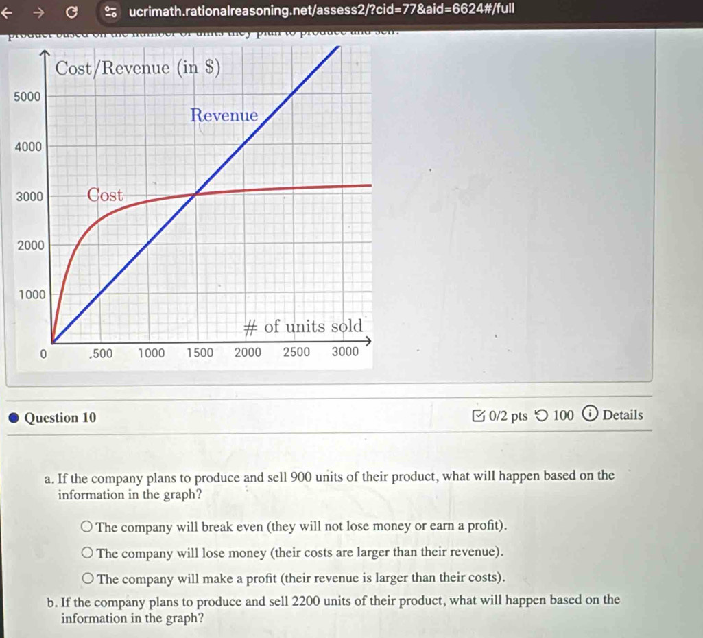 =6624# /full 
ac e and sen.
5
4
3
Question 10 0/2 pts つ 100 Details
a. If the company plans to produce and sell 900 units of their product, what will happen based on the
information in the graph?
The company will break even (they will not lose money or earn a profit).
The company will lose money (their costs are larger than their revenue).
The company will make a profit (their revenue is larger than their costs).
b. If the company plans to produce and sell 2200 units of their product, what will happen based on the
information in the graph?