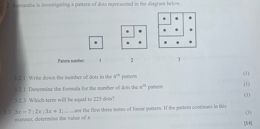 Samantha is investigating a pattern of dots represented in the diagram below. 
Pattern number: 1 2
3 
3.2.1 Write down the number of dots in the 4^(th) pattern 
(1) 
3.2.1 Determine the formula for the number of dots the n^(th) pattern 
(1) 
(1) 
3.2.3 Which term will be equal to 225 dots? 
3.3 3x-7; 2x; 3x+1; ... ....are the first three terms of linear pattern. If the pattern continues in this 
(3) 
manner, determine the value of x
[14]