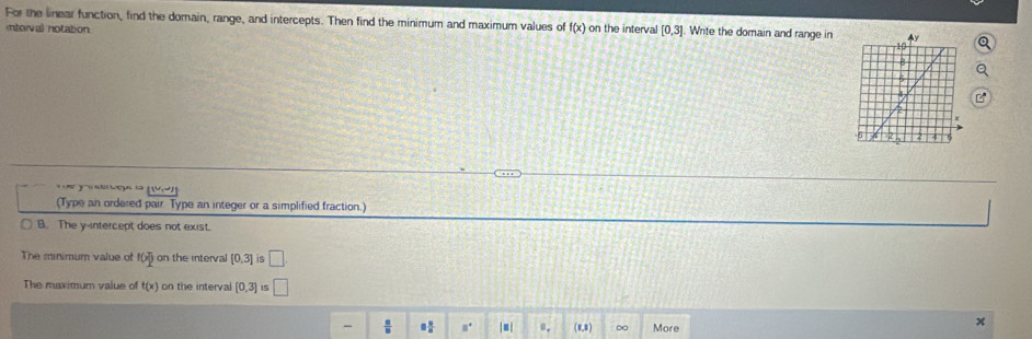 For the linear function, find the domain, range, and intercepts. Then find the minimum and maximum values of f(x) on the interval [0,3] Write the domain and range in
intorval notation.
g là 
(Type an ordered pair. Type an integer or a simplified fraction.)
B. The y-intercept does not exist.
The minimum value of f(x) on the interval [0,3] is □
The maximum value of t(x) on the interval [0,3]is □ 
B° | ■ | 0. (8,8) ∞ More
x