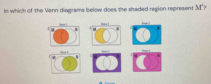 In which of the Venn diagrams below does the shaded region represent M' 2 
Venn 1 Wenn 2

Venn 4 Venn $ W