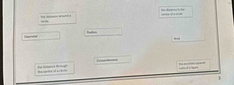 the distance to the 
the distance around a center of a circle 
circle 
Radius 
Diameter Area 
Circumference 
the distance through 
the center of a circle the enclosed squared 
units of a figure 
3