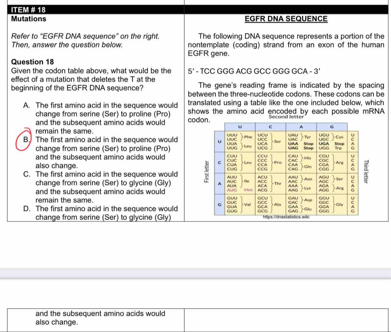 ITEM # 18
Mutations EGFR DNA SEQUENCE
Refer to “EGFR DNA sequence” on the right. The following DNA sequence represents a portion of the
Then, answer the question below. nontemplate (coding) strand from an exon of the human
EGFR gene.
Question 18
Given the codon table above, what would be the 5' - TCC GGG ACG GCC GGG GCA - 3’
effect of a mutation that deletes the T at the
beginning of the EGFR DNA sequence? The gene's reading frame is indicated by the spacing
between the three-nucleotide codons. These codons can be
A. The first amino acid in the sequence would translated using a table like the one included below, which
shows the amino acid encoded by each possible mRNA
change from serine (Ser) to proline (Pro) codoSecond letter
and the subsequent amino acids would
remain the same.
B. The first amino acid in the sequence would 
change from serine (Ser) to proline (Pro) 
and the subsequent amino acids would 
also change.
C. The first amino acid in the sequence would 
change from serine (Ser) to glycine (Gly) 
and the subsequent amino acids would 
remain the same.
D. The first amino acid in the sequence would 
change from serine (Ser) to glycine (Gly)
and the subsequent amino acids would
also change.