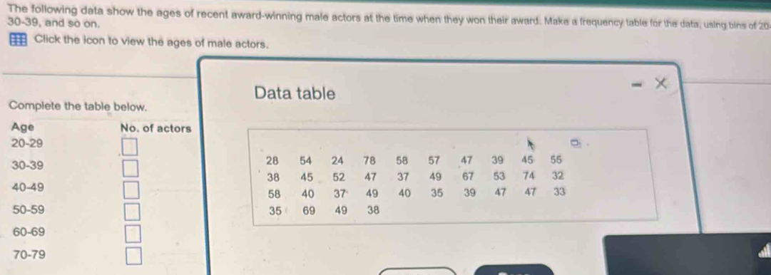 Solved: The following data show the ages of recent award-winning male ...