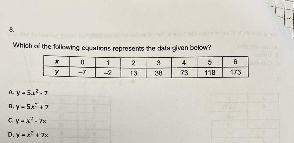 Which of the following equations represents the data given below?
A. y=5x^2-7
B. y=5x^2+7
C. y=x^2-7x
D. y=x^2+7x