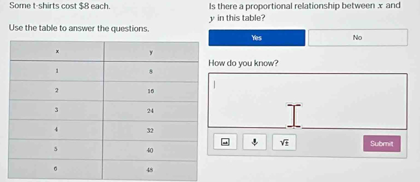 Some t-shirts cost $8 each. Is there a proportional relationship between x and
y in this table?
Use the table to answer the questions.
Yes No
do you know?
sqrt(± ) Submit