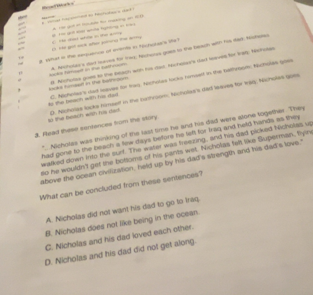 Solved: Read Works' gor . 1. What happened to Nicholas'a dad? Ree No ...