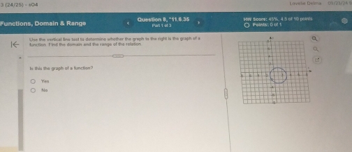 3 (24/25)=404 Lovele Delma 09/23/24 9
Functions, Domain & Range Question 8, *11.6.35 Part 1 of 3 HW Scare: 45%, 4.5 of 10 points O Points: 0 oft
Use the vertical line test to determine whether the graph to the right is the graph of a
function. Find the domain and the range of the relation
Is this the graph of a function
Yeu
No