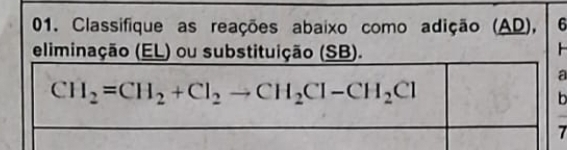 Classifique as reações abaixo como adição (AD), 6
eliminação (EL) ou substituição (SB).
H