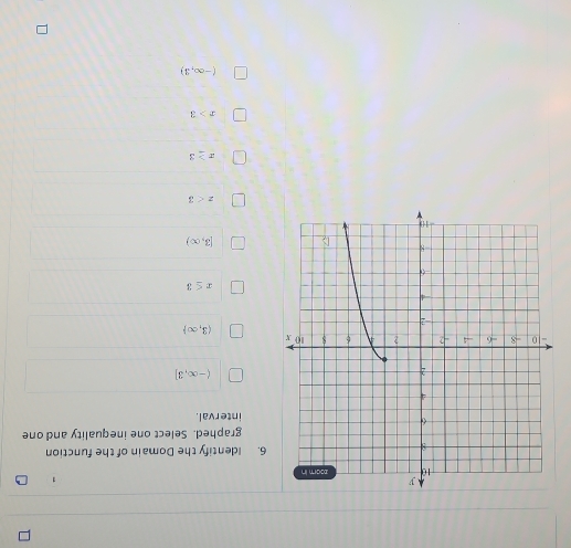 Identify the Domain of the function
graphed. Select one inequality and one
interval.
(-∈fty ,3]
(3,∈fty )
x≤ 3
[3,∈fty )
z<3</tex>
x≥ 3
x>3
(-∈fty ,3)