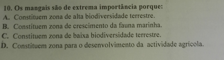 Os mangais são de extrema importância porque:
A. Constituem zona de alta biodiversidade terrestre.
B. Constituem zona de crescimento da fauna marinha.
C. Constituem zona de baixa biodiversidade terrestre.
D. Constituem zona para o desenvolvimento da actividade agrícola.