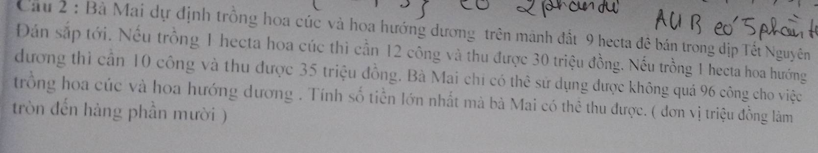 Bà Mai dự định trồng hoa cúc và hoa hướng dương trên manh đất 9 hecta đê bán trong dịp Tết Nguyên 
Đán sắp tới. Nếu trồng 1 hecta hoa cúc thì cần 12 công và thu được 30 triệu đồng. Nếu trồng 1 hecta hoa hướng 
đương thì cần 10 công và thu được 35 triệu đồng. Bà Mai chỉ có thể sử dụng được không quá 96 công cho việc 
trồng hoa cúc và hoa hướng dương . Tính số tiền lớn nhất mà bà Mai có thể thu được. ( đơn vị triệu đồng làm 
tròn đến hàng phần mười )