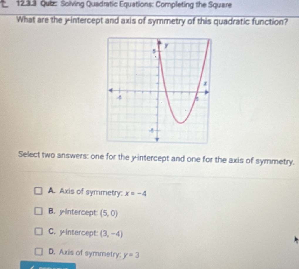 Solving Quadratic Equations: Completing the Square
What are the y-intercept and axis of symmetry of this quadratic function?
Select two answers: one for the y-intercept and one for the axis of symmetry.
A. Axis of symmetry: x=-4
B. yintercept: (5,0)
C. yIntercept: (3,-4)
D. Axis of symmetry: y=3