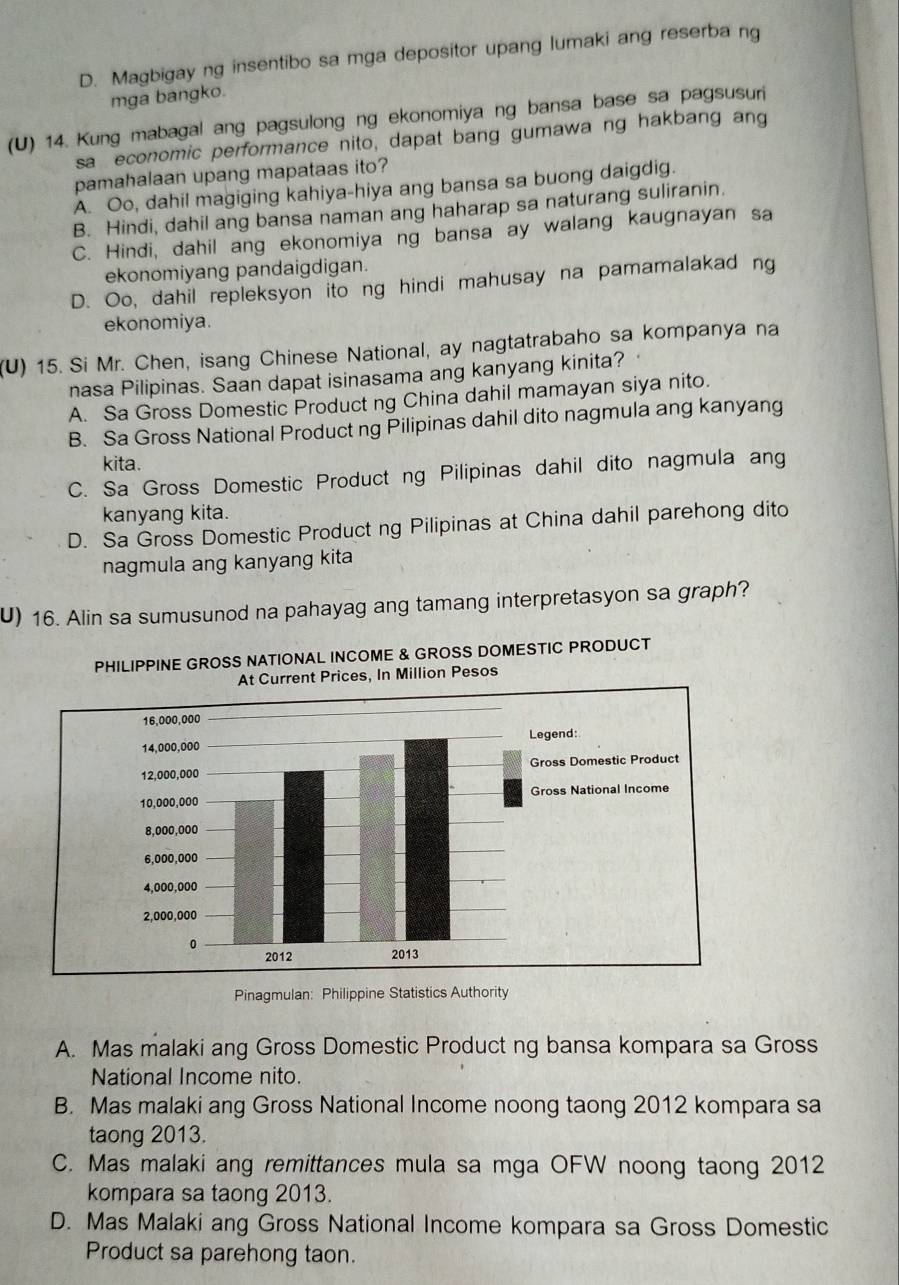 D. Magbigay ng insentibo sa mga depositor upang lumaki ang reserba ng
mga bangko.
(U) 14. Kung mabagal ang pagsulong ng ekonomiya ng bansa base sa pagsusuri
sa economic performance nito, dapat bang gumawa ng hakbang ang
pamahalaan upang mapataas ito?
A. Oo, dahil magiging kahiya-hiya ang bansa sa buong daigdig.
B. Hindi, dahil ang bansa naman ang haharap sa naturang suliranin.
C. Hindi, dahil ang ekonomiya ng bansa ay walang kaugnayan sa
ekonomiyang pandaigdigan.
D. Oo, dahil repleksyon ito ng hindi mahusay na pamamalakad ng
ekonomiya.
(U) 15. Si Mr. Chen, isang Chinese National, ay nagtatrabaho sa kompanya na
nasa Pilipinas. Saan dapat isinasama ang kanyang kinita?
A. Sa Gross Domestic Product ng China dahil mamayan siya nito.
B. Sa Gross National Product ng Pilipinas dahil dito nagmula ang kanyang
kita.
C. Sa Gross Domestic Product ng Pilipinas dahil dito nagmula ang
kanyang kita.
D. Sa Gross Domestic Product ng Pilipinas at China dahil parehong dito
nagmula ang kanyang kita
U) 16. Alin sa sumusunod na pahayag ang tamang interpretasyon sa graph?
IPPINE GROSS NATIONAL INCOME & GROSS DOMESTIC PRODUCT
Pinagmulan: Philippine Statistics Authority
A. Mas malaki ang Gross Domestic Product ng bansa kompara sa Gross
National Income nito.
B. Mas malaki ang Gross National Income noong taong 2012 kompara sa
taong 2013.
C. Mas malaki ang remittances mula sa mga OFW noong taong 2012
kompara sa taong 2013.
D. Mas Malaki ang Gross National Income kompara sa Gross Domestic
Product sa parehong taon.