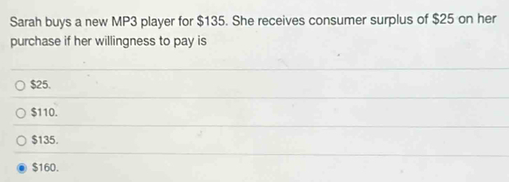 Sarah buys a new MP3 player for $135. She receives consumer surplus of $25 on her
purchase if her willingness to pay is
$25.
$110.
$135.
$160.