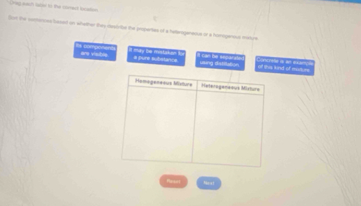Orag each label to the correct location 
Sort the sentsnces based on whether they describe the properties of a hateroganeous or a homogenous mxdure 
its components it may be mistaken fo a pure substance. It can be separate using distillation. Concrete is an example 
are visible of this kind of mixture 
Reset Noe t