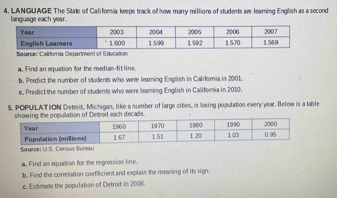 LANGUAGE The State of California keeps track of how many millions of students are learning English as a second 
language each year. 
Source: California Department of Education 
a. Find an equation for the median-fit line. 
b. Predict the number of students who were learning English in Califomia in 2001. 
c. Predict the number of students who were learning English in California in 2010. 
5. POPULATION Detroit, Michigan, like a number of large cities, is losing population every year. Below is a table 
showing the population of Detroit each decade. 
Source: U.S. Census Bureau 
a. Find an equation for the regression line. 
b. Find the correlation coefficient and explain the meaning of its sign. 
c. Estimate the population of Detroit in 2008.