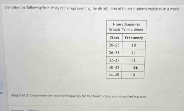 Consider the following frequency table representing the distribution of hours students watch tv in a week. 
ev 
Step 2 of 2: Determine the relative frequency for the fourth class as a simplified fraction.