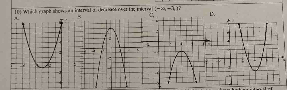 Which graph shows an interval of decrease over the interval (-∈fty ,-3,) ? 
D.
x
Inter al of