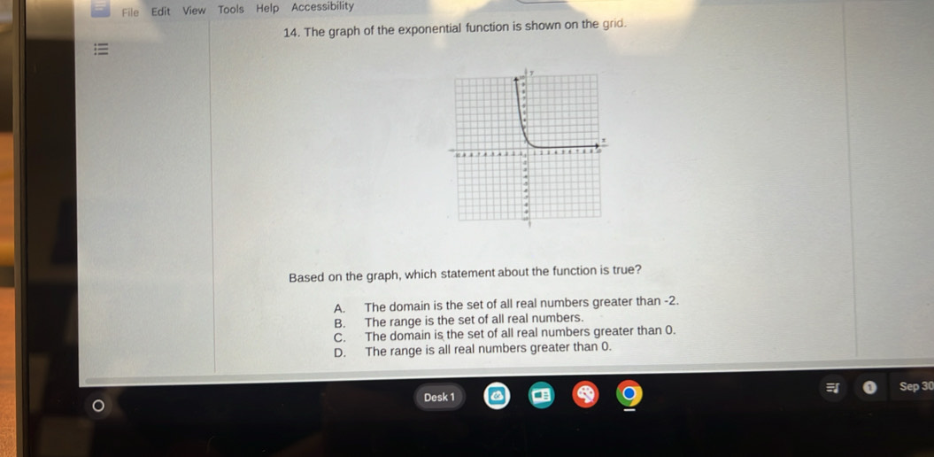 File Edit View Tools Help Accessibility
14. The graph of the exponential function is shown on the grid.
Based on the graph, which statement about the function is true?
A. The domain is the set of all real numbers greater than -2.
B. The range is the set of all real numbers.
C. The domain is the set of all real numbers greater than 0.
D. The range is all real numbers greater than 0.
D3 (
Desk 1