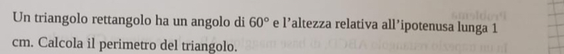 Un triangolo rettangolo ha un angolo di 60° e 1' altezza relativa all’ipotenusa lunga 1
cm. Calcola il perimetro del triangolo.