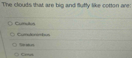The clouds that are big and fluffy like cotton are:
Cumulus
Cumulonimbus
Stratus
Cirrus