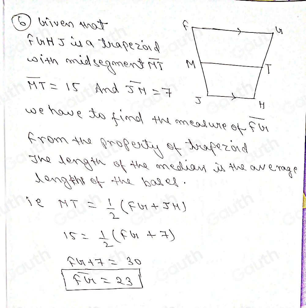 Solved: Quad FGHJ is a trapezoid with midsegment overline MT. Use the ...